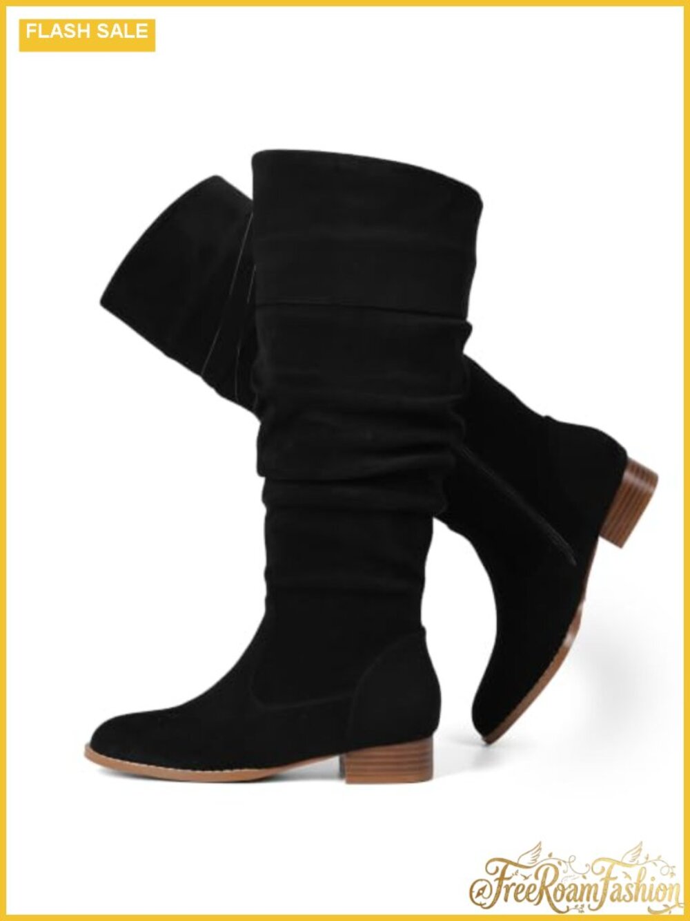 Womens Suede Knee High Flat Slouchy Boots Side Zipper Casual
